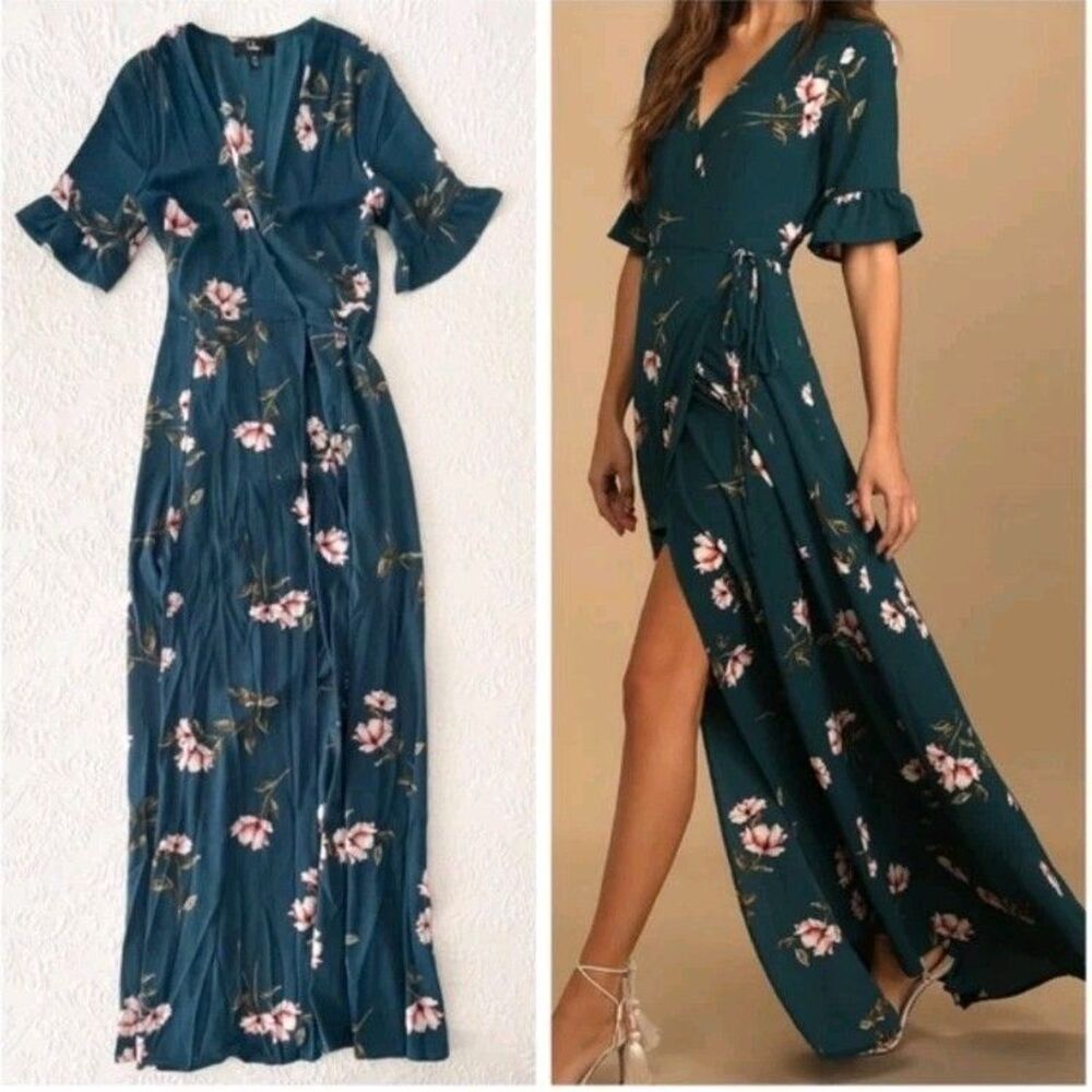 Lulu's September Sunsets Floral Print Wrap Maxi Dress Size Medium